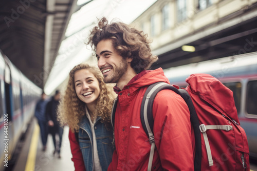 Two young backpackers are on Amsterdam train station