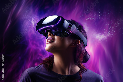 Photo of happy smiling user woman wearing vr headset watching surreal colorful fantasy world made with generative AI © Tetiana