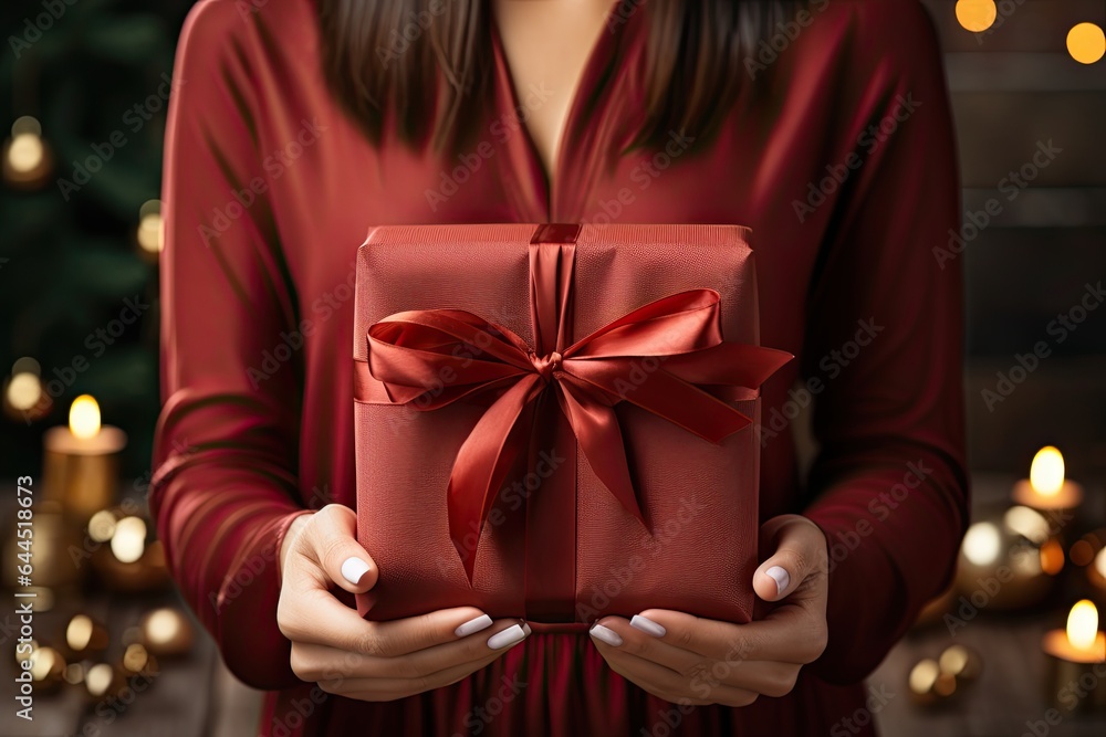 Woman hands holding Christmas red gift. Xmas present. Boxing day. Close up. Generative AI.