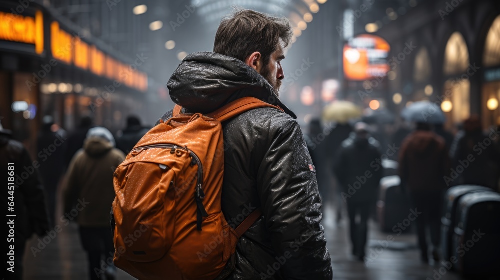 back of man walking at subway, train station. back of man walking at subway, train station.
