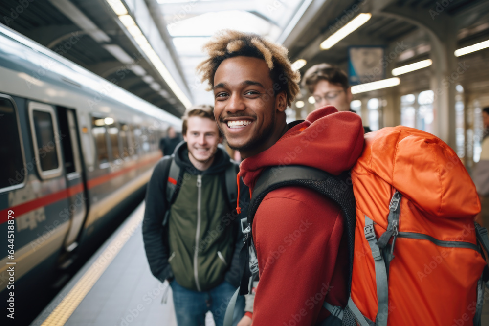 Two young backpackers are on Amsterdam train station
