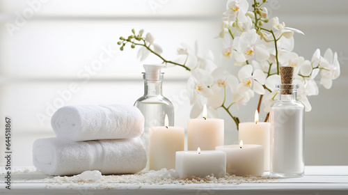 Beautiful spa salon white composition in wellness center. Spa still life with aromatic candles  orchid flower  massage oil and towel. Beauty spa treatment and relax. Relaxing white background.