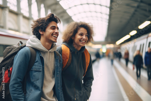 Two young backpackers are on Amsterdam train station

 photo