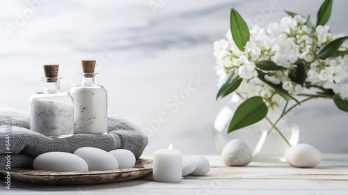 Beautiful spa salon white composition in wellness center. Spa still life with aromatic candles, white flowers, stones for massage and towel. Beauty spa treatment and relax. Relaxing white background.