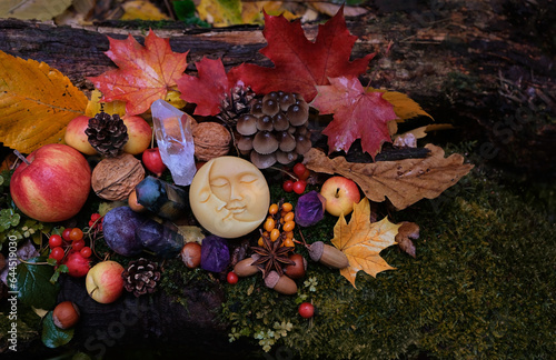 Moon amulet, fruits, berries, fall leaves, crystal gemstones in forest, natural background. Wiccan altar for Mabon sabbat. autumn equinox holiday. Witchcraft, magic, esoteric spiritual ritual.