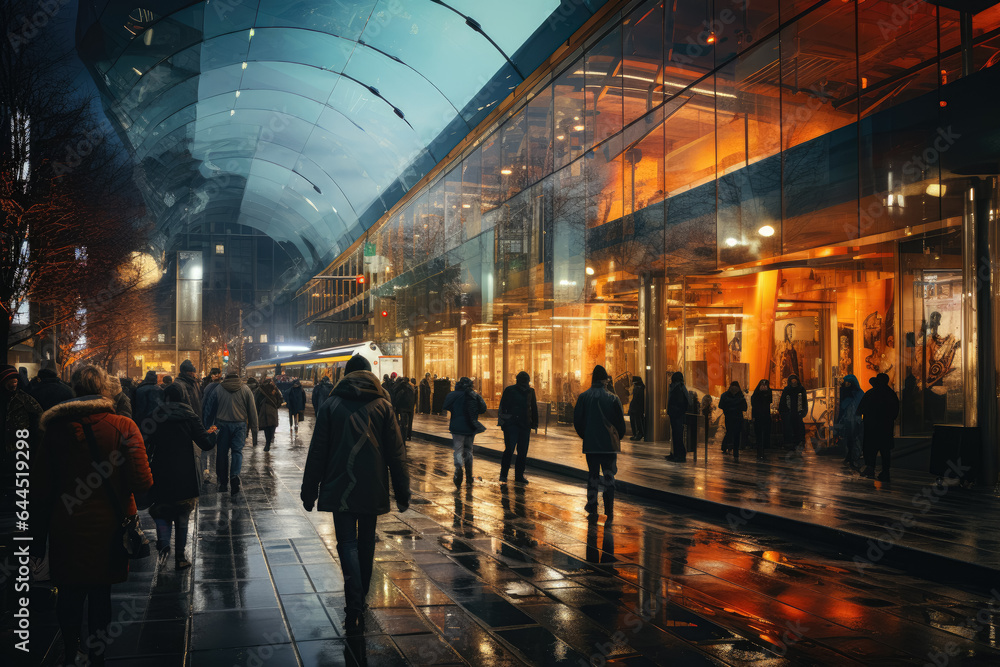 Bustling train station with crowds of people in constant motion.  Generative AI.