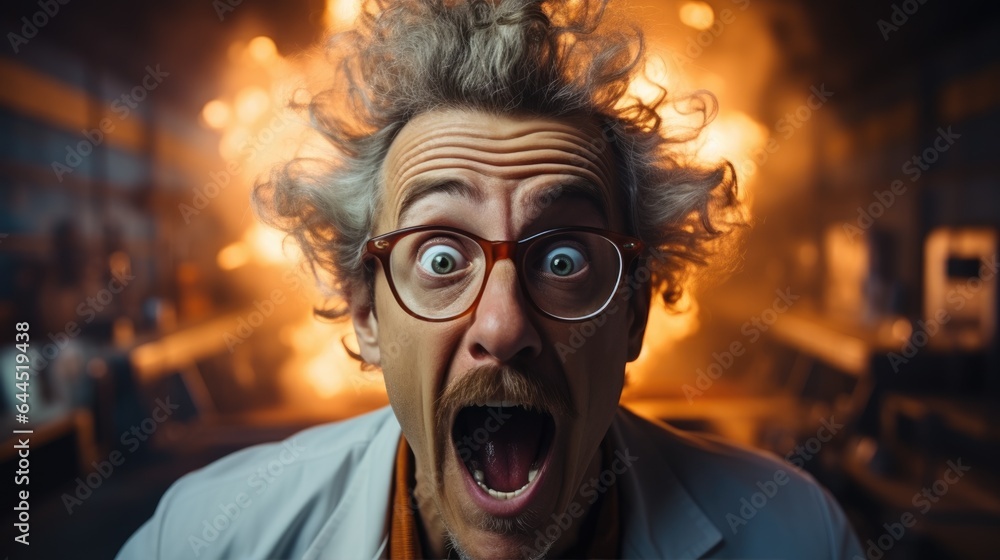 Funny crazy scientist in a white coat and a funny hairstyle in his laboratory. Generative AI