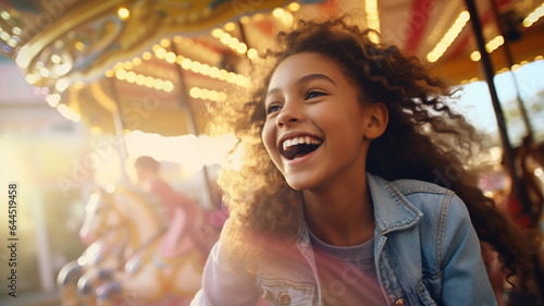 A happy young girl expressing excitement while on a colorful carousel, merry-go-round, having fun at an amusement park smile, happiness, bright childhood. Generative AI