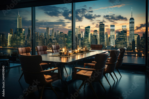 An executive boardroom with a long table, leather chairs, and a city skyline view through the windows. Generative AI.