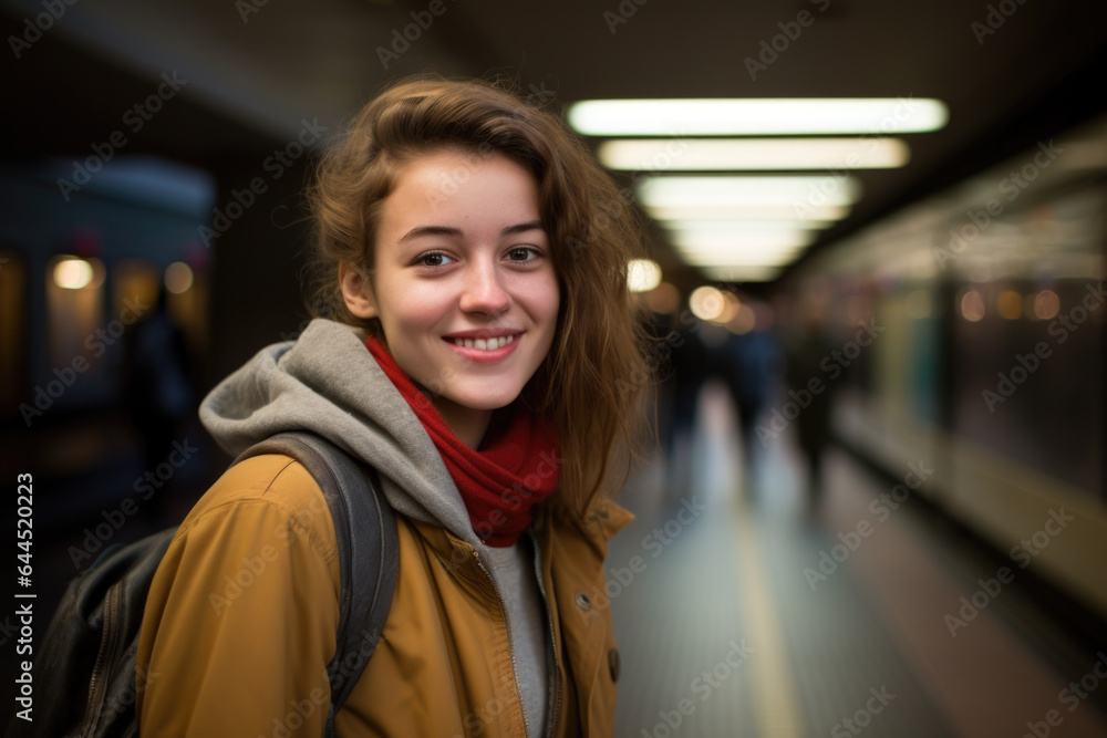 Young woman at the underground platform in Vienna, waiting Young woman at the underground platform in Vienna, waiting