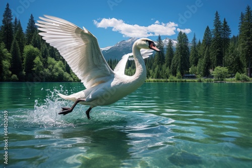 Fototapeta Naklejka Na Ścianę i Meble -  Beautiful white swan flaps its wings, rising from water, splashing water drops on river or lake. Graceful bird flying over water.