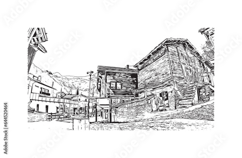 Building view with landmark of Saas Fee is the village in Switzerland. Hand drawn sketch illustration in vector.
