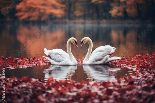 Two swans in love swimming in autumn lake. Pair white swans in heart shape floating in pond photo