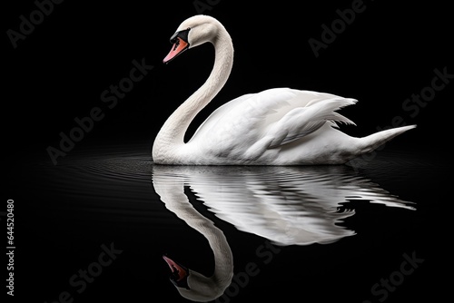 Fototapeta Naklejka Na Ścianę i Meble -  Beautiful white swan swimming on water with reflection on black background