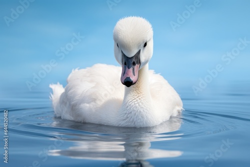 Fototapeta Naklejka Na Ścianę i Meble -  Cute young swan chick swimming on water in river or lake, summer day