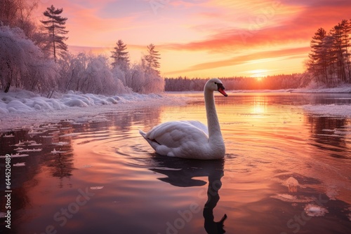Graceful alone white swan on snow lake with ice in winter day  sunset or dawn