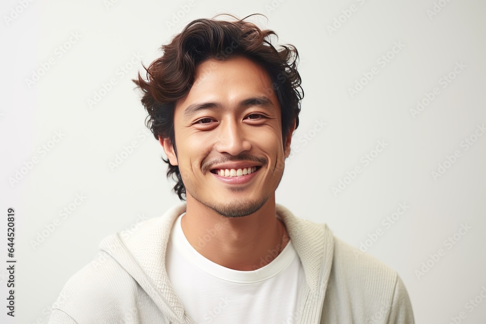 Radiant and cheerful Asian young man showcasing a warm smile against a clean, white background Radiant and cheerful Asian young man showcasing a warm smile against a clean, white background