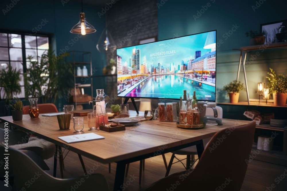 Company employees participating in an online business conference video call on a TV screen monitor in a board meeting room. Generative Ai. Company employees participating in an online business conference video call on a TV screen monitor in a board meeting room. Generative Ai.