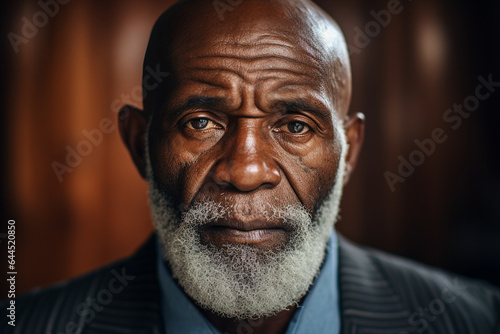 Generative AI close up portrait of old sad unhappy afro man looking straight into the camera