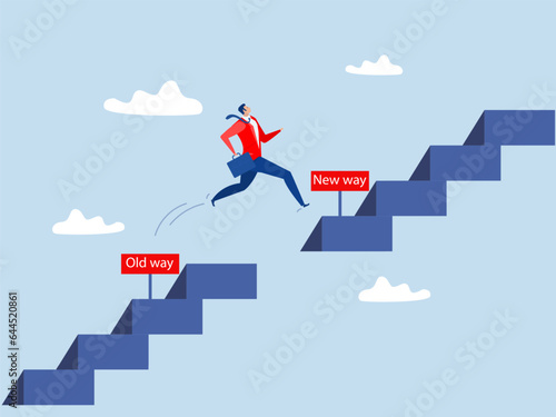 Businessman Jumping  up stair to new  way, Old way and new way choice, Choose a new direction, make a choice Improvement Concept. 