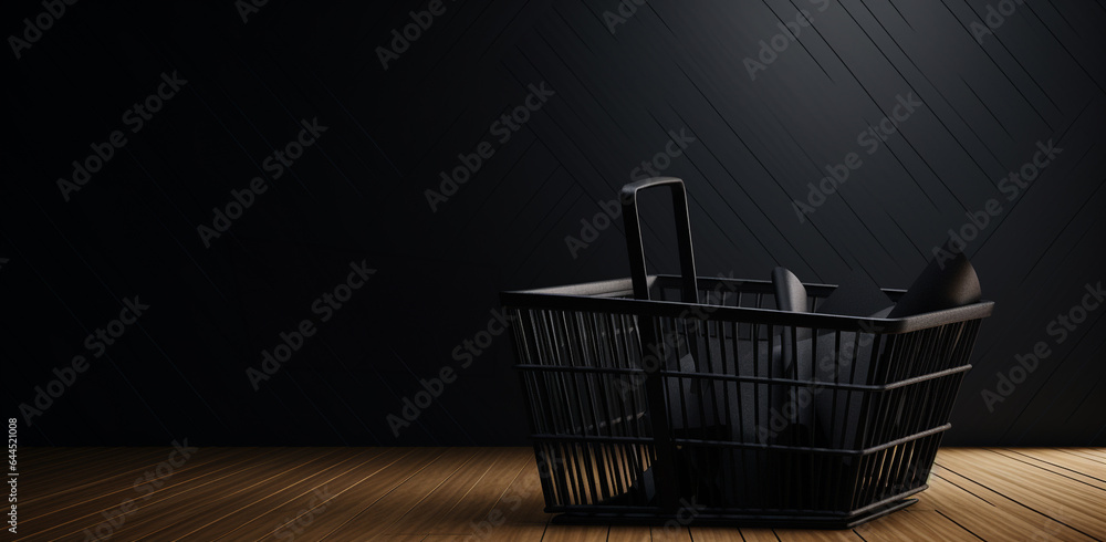 Side view of steel wire shopping basket on black background. black friday concept