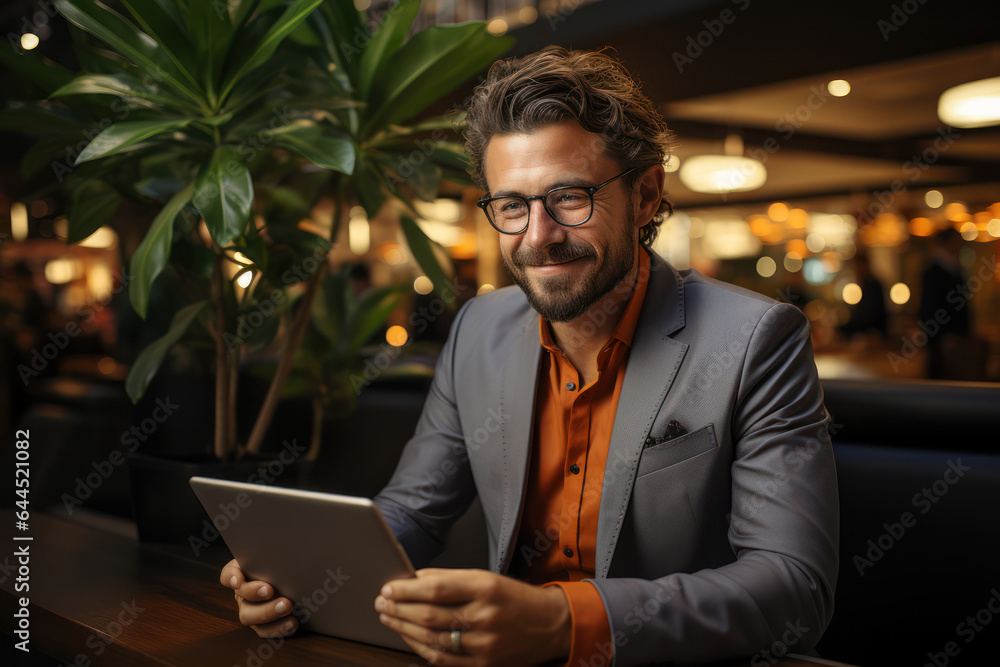 Photo of happy young businessman using laptop computer and talking on smartphone in hotel hall. Generative Ai. Photo of happy young businessman using laptop computer and talking on smartphone in hotel hall. Generative Ai.