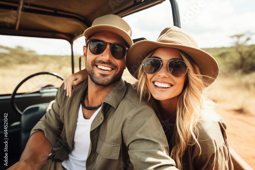 Generative AI image of funny couple traveling together in beautiful nature enjoying summer autumn season and taking selfies © deagreez
