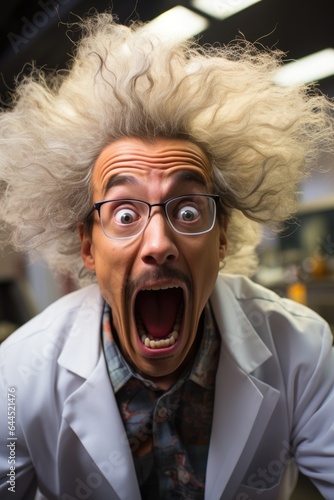 Funny crazy scientist in a white coat and a funny hairstyle in his laboratory. Generative AI