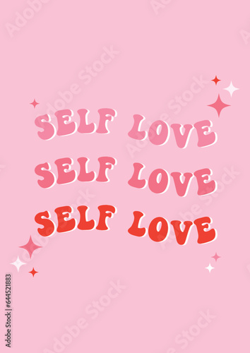 Happy Valentine's day greeting card, cute retro self love print, 60s, 70s style vector illustration poster