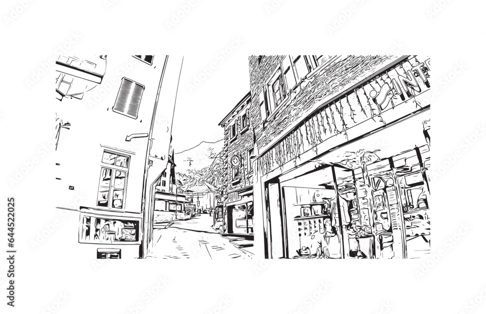 Fototapeta premium Building view with landmark of Saas Fee is the village in Switzerland. Hand drawn sketch illustration in vector.