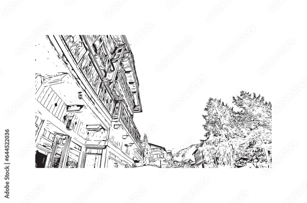 Fototapeta premium Building view with landmark of Saas Fee is the village in Switzerland. Hand drawn sketch illustration in vector.