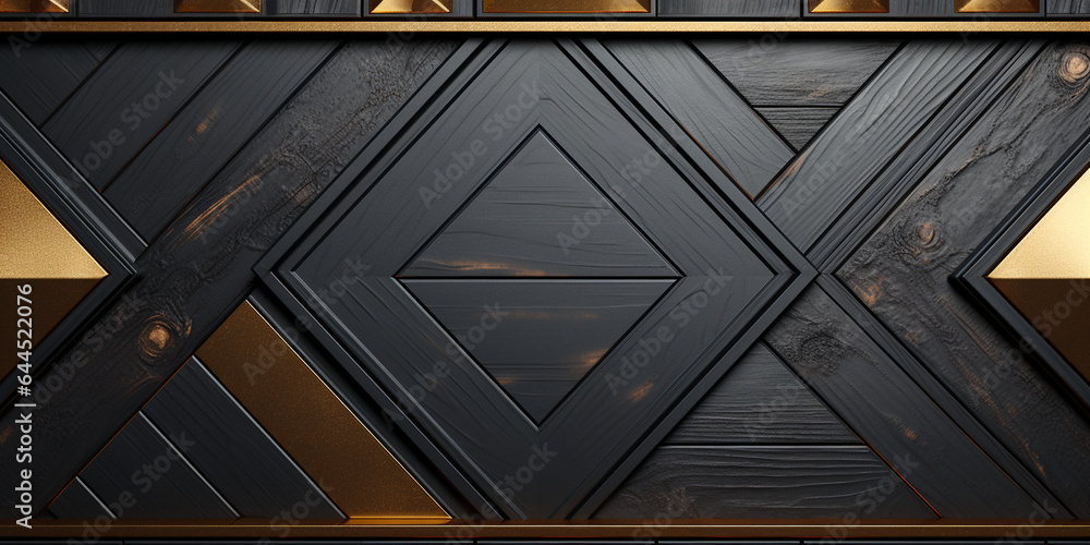 Obraz premium Hintergundmotiv in schwarz mit gold Applikationen geometrische Teile 3D als im Querformat für Banner, ai generativ