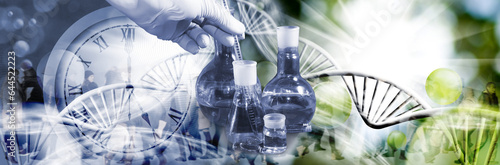 Collage on which flasks  and a gloved hand holding a test tube, as well as transparent silhouettes of people and a large clock dial against the background of stylized DNA chains photo