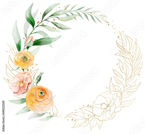 Round Frame made of orange and golden watercolor flowers and green leaves, wedding illustration