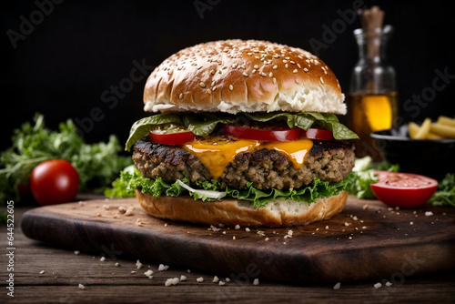 Delicious hamburger on a wooden background