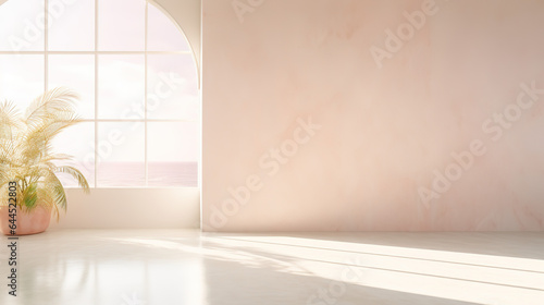 A Modern Stucco loft Wall Background, stucco wall with dark brown wooden floor, blurred lights and shadows shining through window onto wall and floor