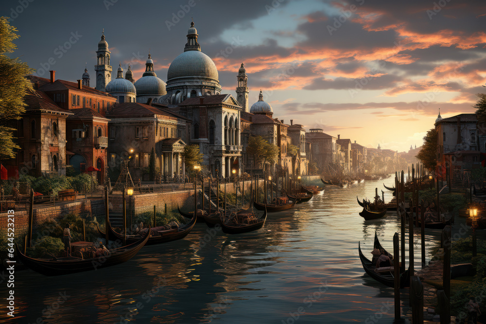 Water canals like in Venice. The concept of traveling to cities lying on the water next to the river. Generative Ai.