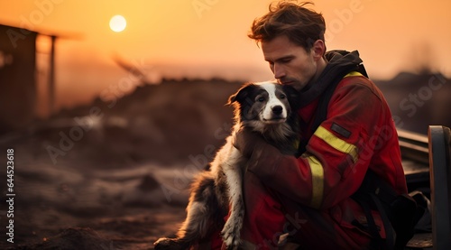 A firefighter rescued a dog from a fire photo