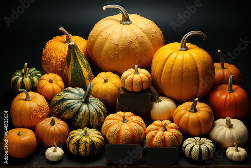 Different types of pumpkins arranged side by side. Generative Ai.