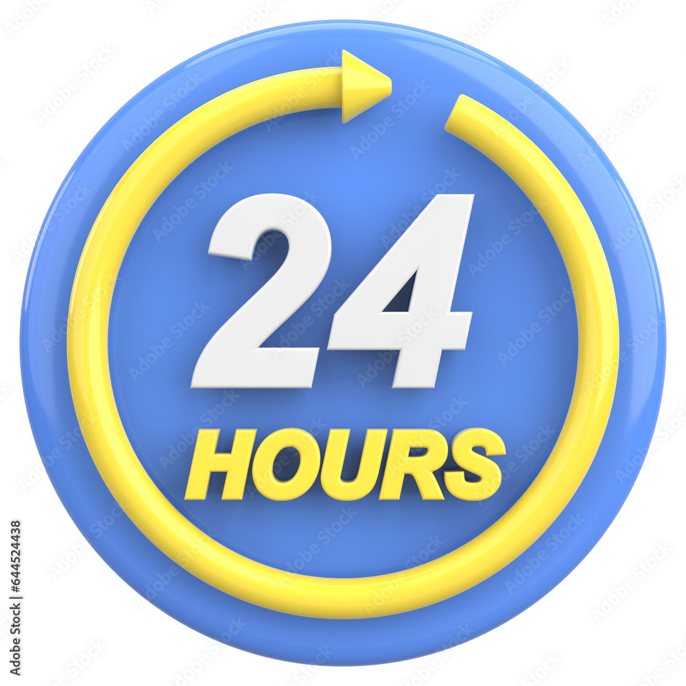 24 hours icon. Open all day. 3D illustration.