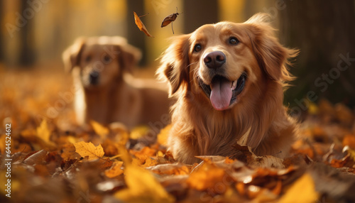 A cute, happy dog frolicking in a pile of leaves during Autumn, capturing the essence of seasonal joy