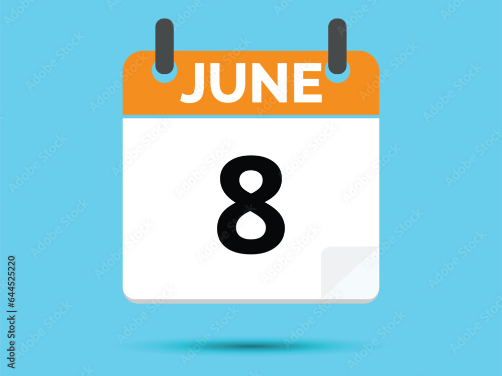 8 June. Flat icon calendar isolated on blue background. Vector illustration. 8 June. Flat icon calendar isolated on blue background. Vector illustration.