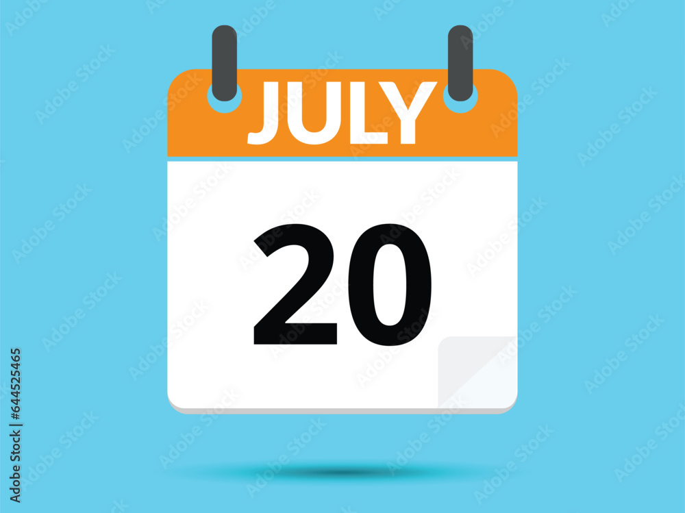 20 July. Flat icon calendar isolated on blue background. Vector illustration. 20 July. Flat icon calendar isolated on blue background. Vector illustration.