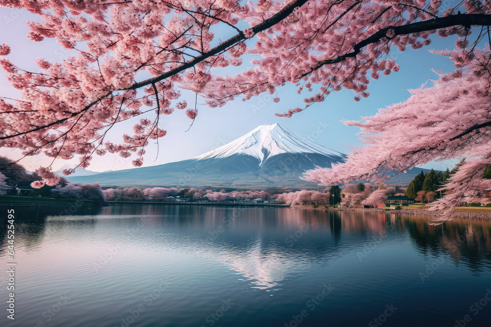 sakura tree and mountain fuji on background