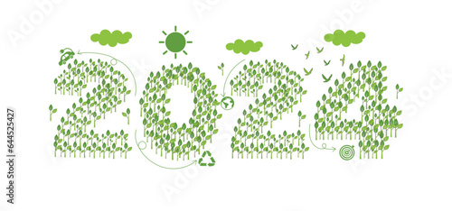 2024 New year, Eco friendly, Sustainability planning concept with globe and World environmental green doodle icons drawing set on white background ,Vector illustration