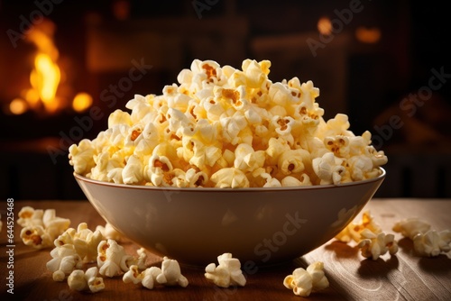 a cup of popcorn on the table.