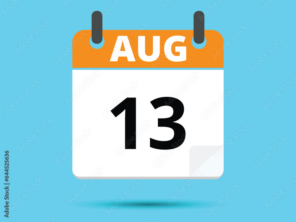 13 August. Flat icon calendar isolated on blue background. Vector illustration. 13 August. Flat icon calendar isolated on blue background. Vector illustration.