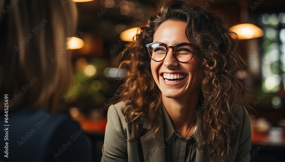 Portrait of beautiful young woman in eyeglasses smiling and looking at camera in cafe