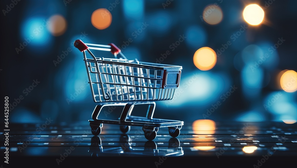 Shopping cart with bokeh background. E-commerce concept.