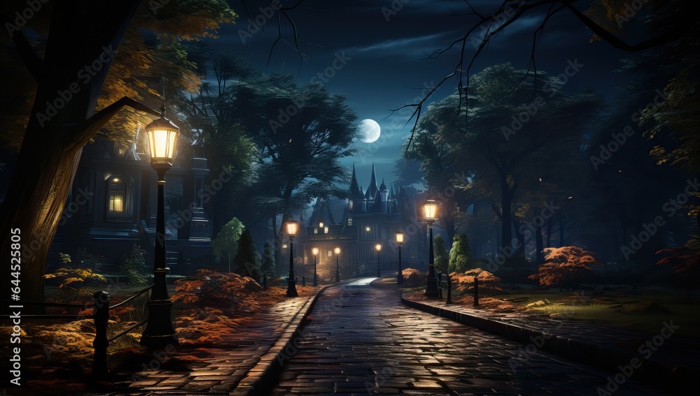 Mysterious Halloween background with cobblestone street and full moon